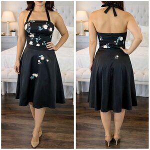 Mandalay Julian Joyce Black Satin Halter A-Line Dress $495